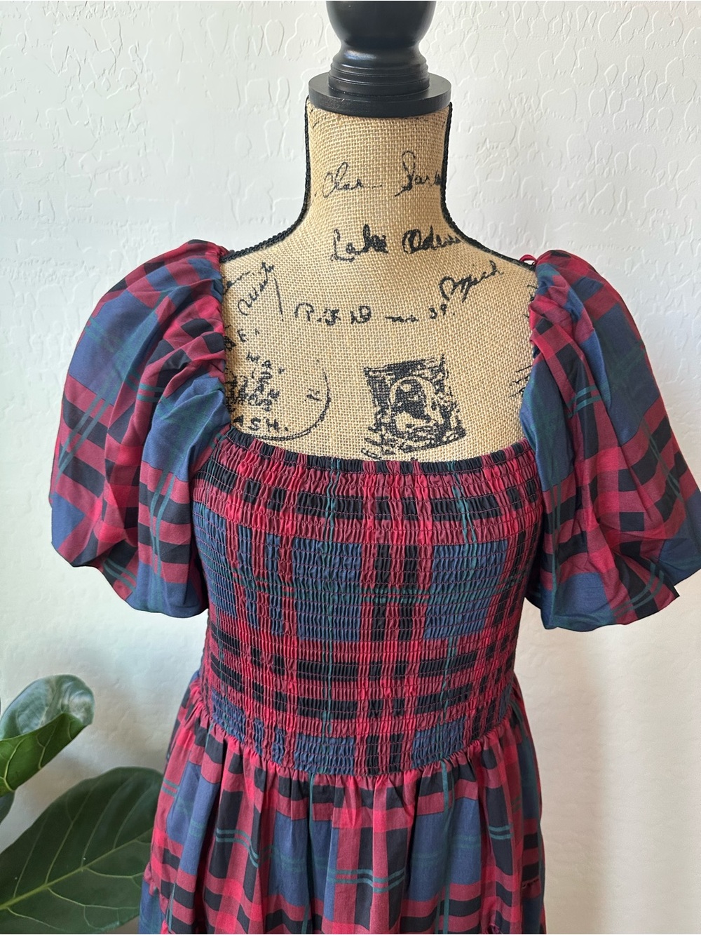NWT Midnight Doll Smocked Plaid Square Neck Puff Sleeve Midi Dress Size L - Picture 5 of 11